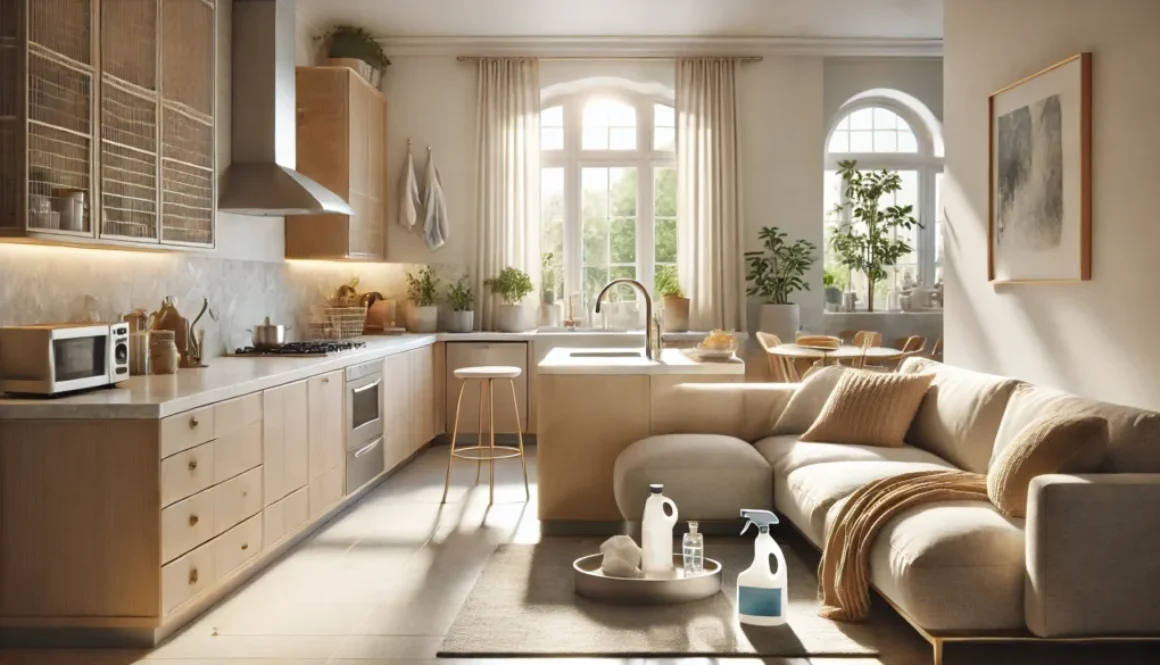 DALL·E 2024-12-30 11.05.53 - A photorealistic image of a sparkling clean kitchen and living room combo with a boho-modern aesthetic, shot with a 60mm lens. The kitchen features a